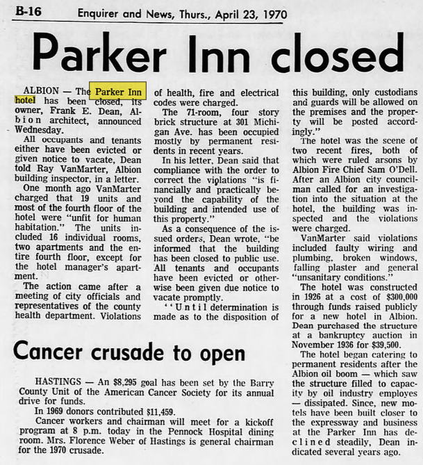 Parker Inn Hotel (Munger Place Apartments) - 1970 Article On Closing (newer photo)